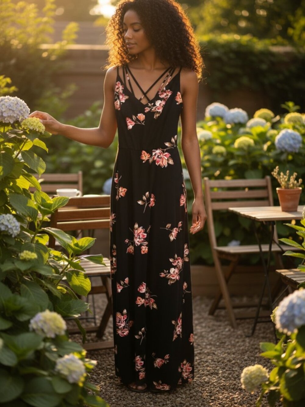 nine britton Black Strapless-Look Floral Dress with Crisscross Straps